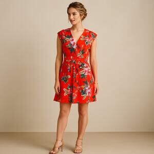 YUMI KIM Silk Soho Mixer Wrap Dress Red-Orange Size Small Tropical Floral